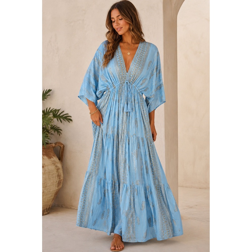 Creations St Lucia Blue Gold Boho Maxi Dress Free Size India Rayon #56